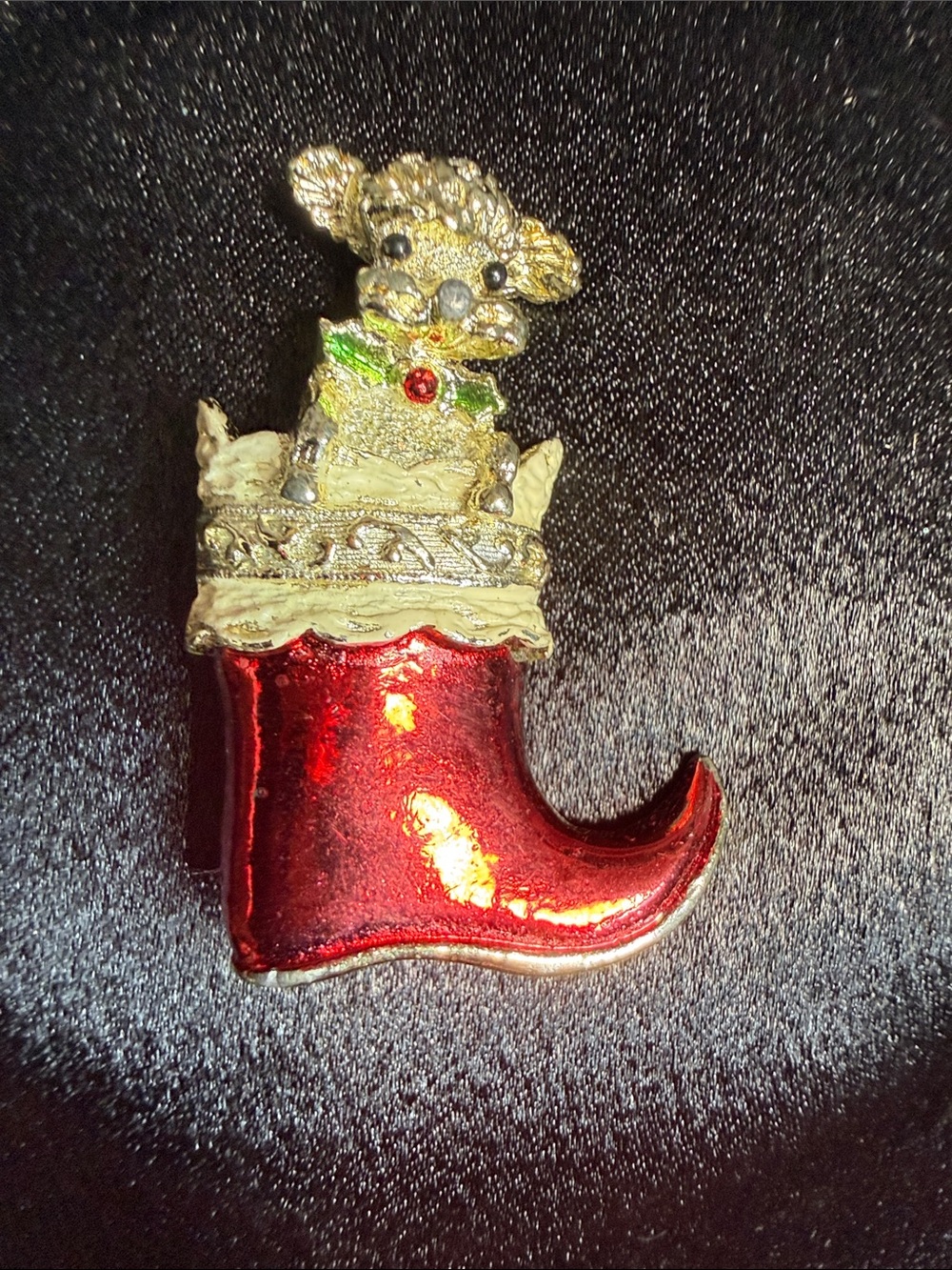 Vintage Festive Red Kids Boot Pin with Puppy Accent